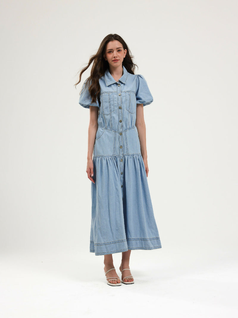 Puff Sleeve Denim Midi Dress