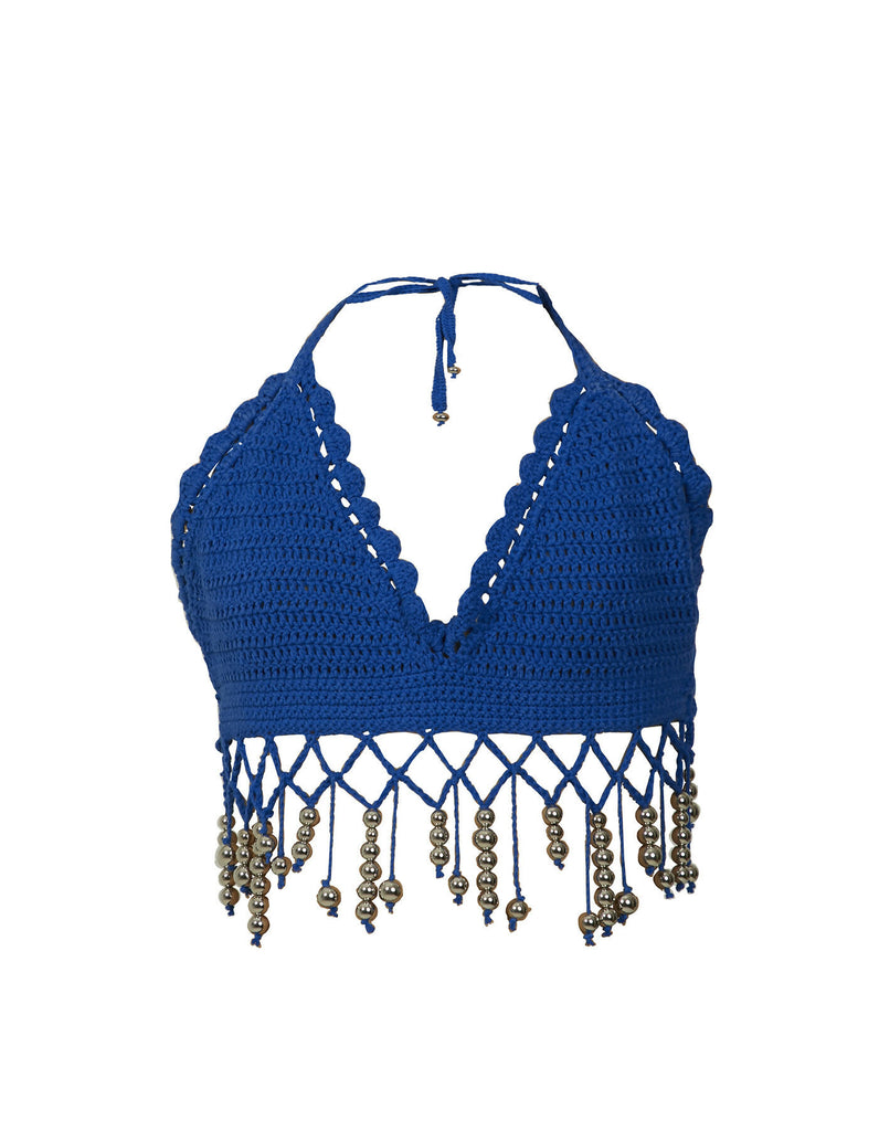 Blue knitted bra-shaped top