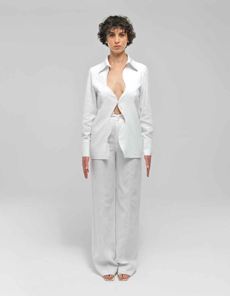 Katniss White Linen Wavy Collared Shirt