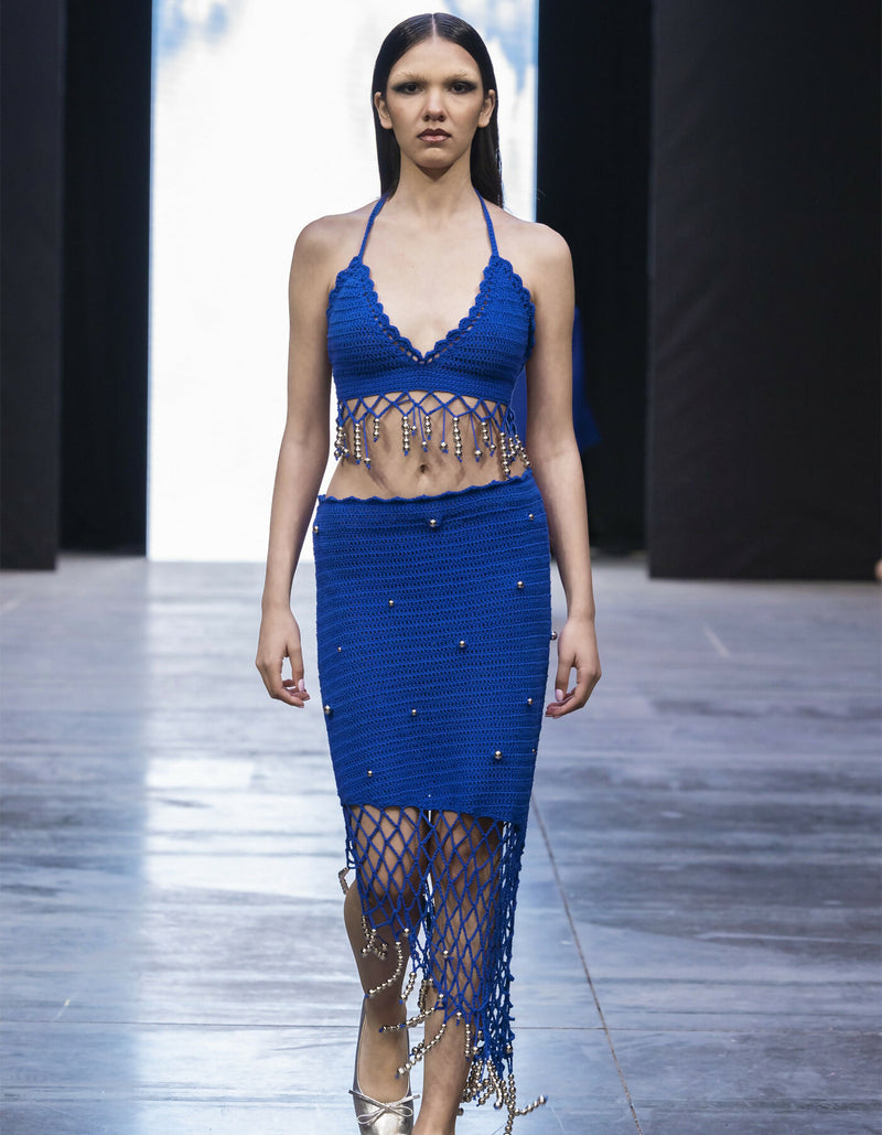 Blue knitted bra-shaped top