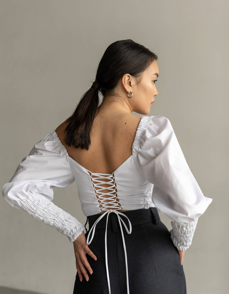 Shirred White Buff-Sleeved Top with Lacing