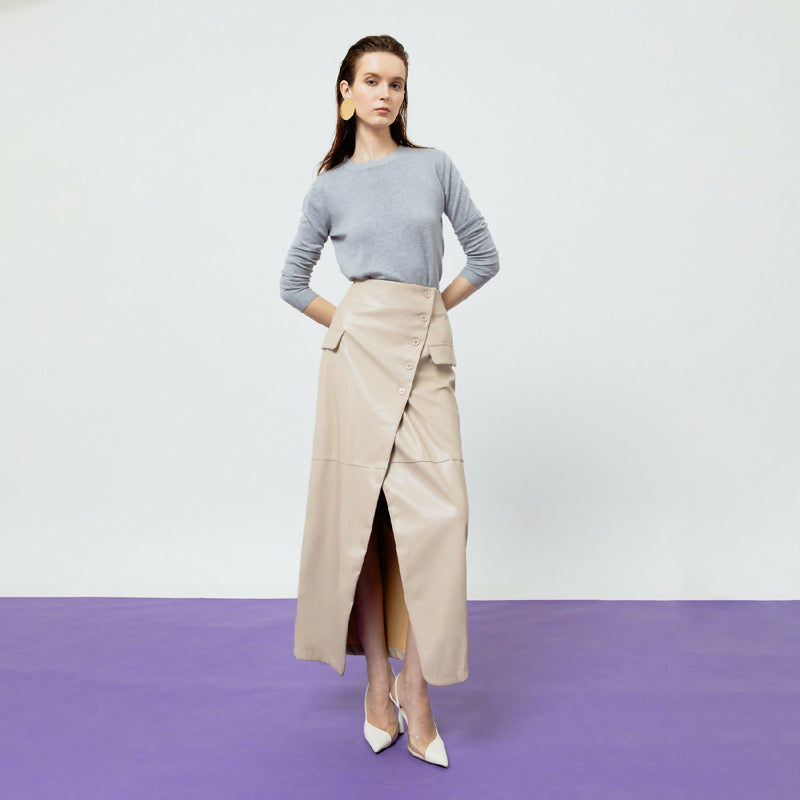 BEATRIX CREME FAUX LEATHER MIDI SKIRT 2