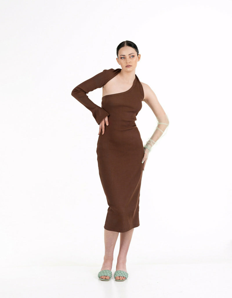 Beige/brown one-sleeve knitted dress