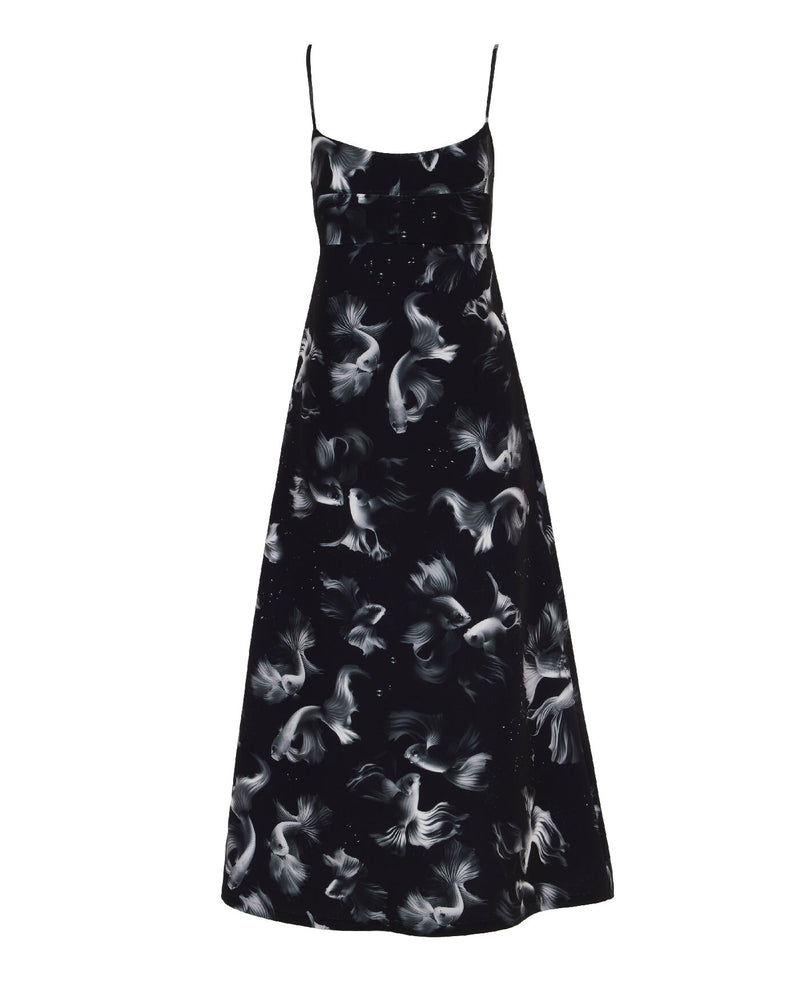 Spaghetti Strap Midi Dress With Fish Print Black