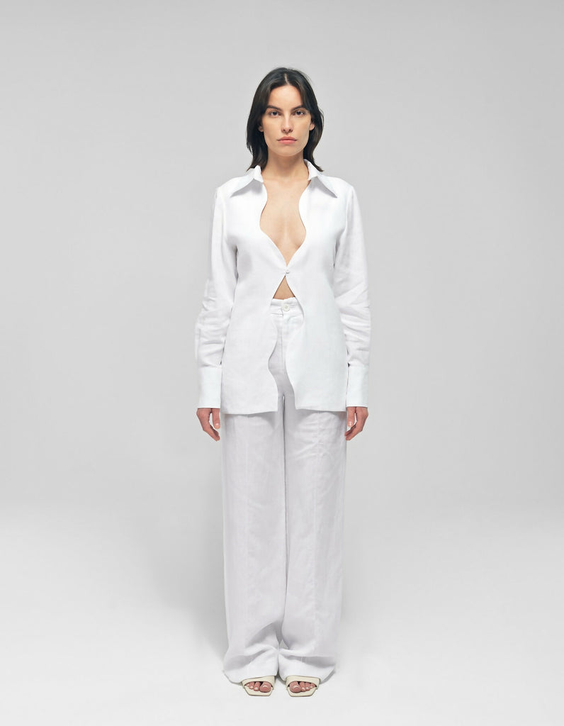 Katniss White Linen Wavy Collared Shirt