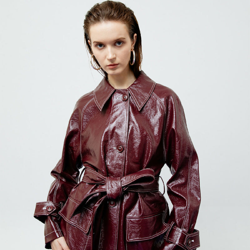 BRIA LEATHER MAROON TRENCH COAT 1