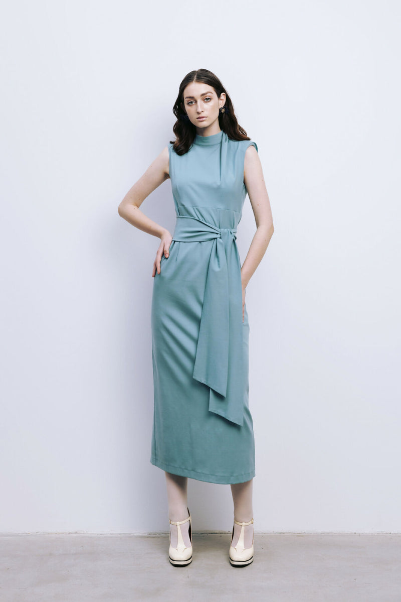 Designer Long Dress With Mock Neck Solid Light Blue