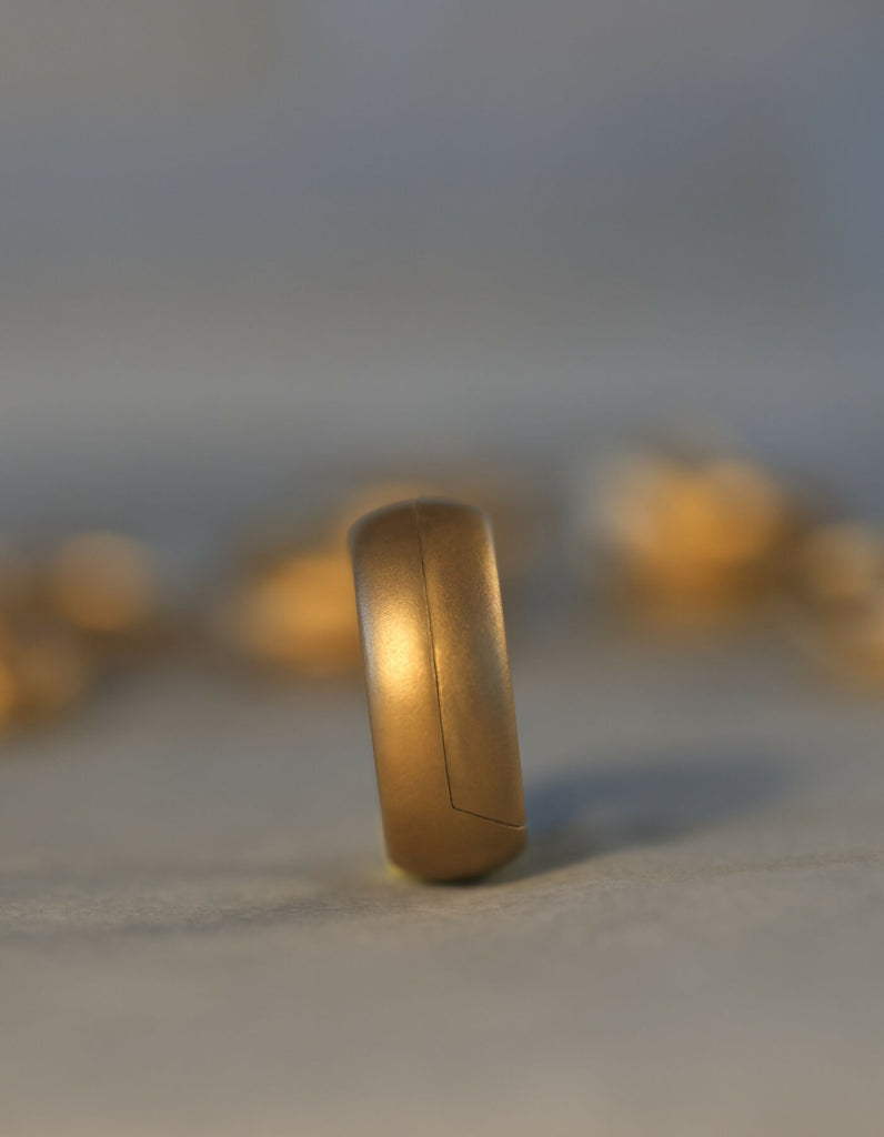 Two-part ring made of gold with a matt surface, standing upright, front view of the ring band