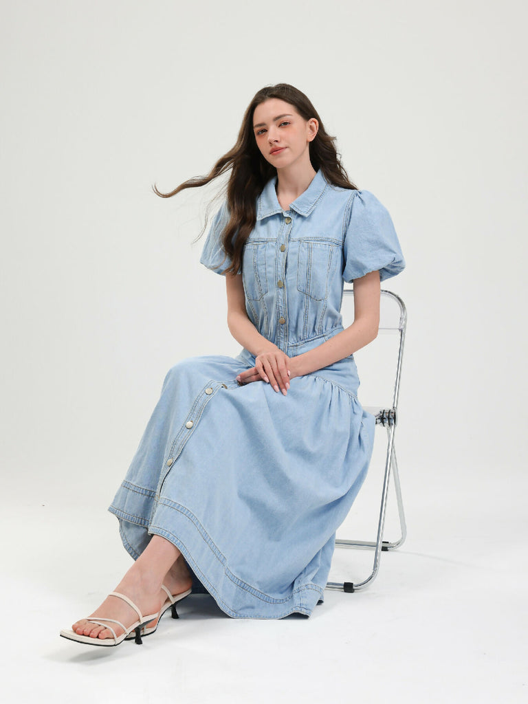 Puff Sleeve Denim Midi Dress