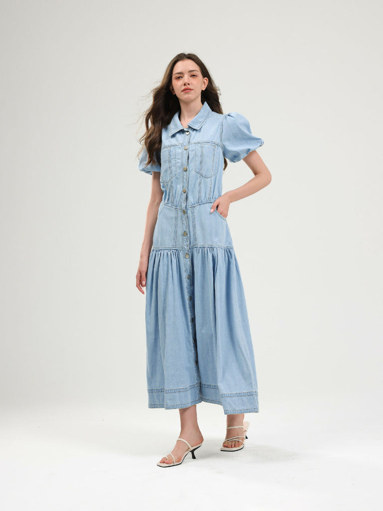 Puff Sleeve Denim Midi Dress