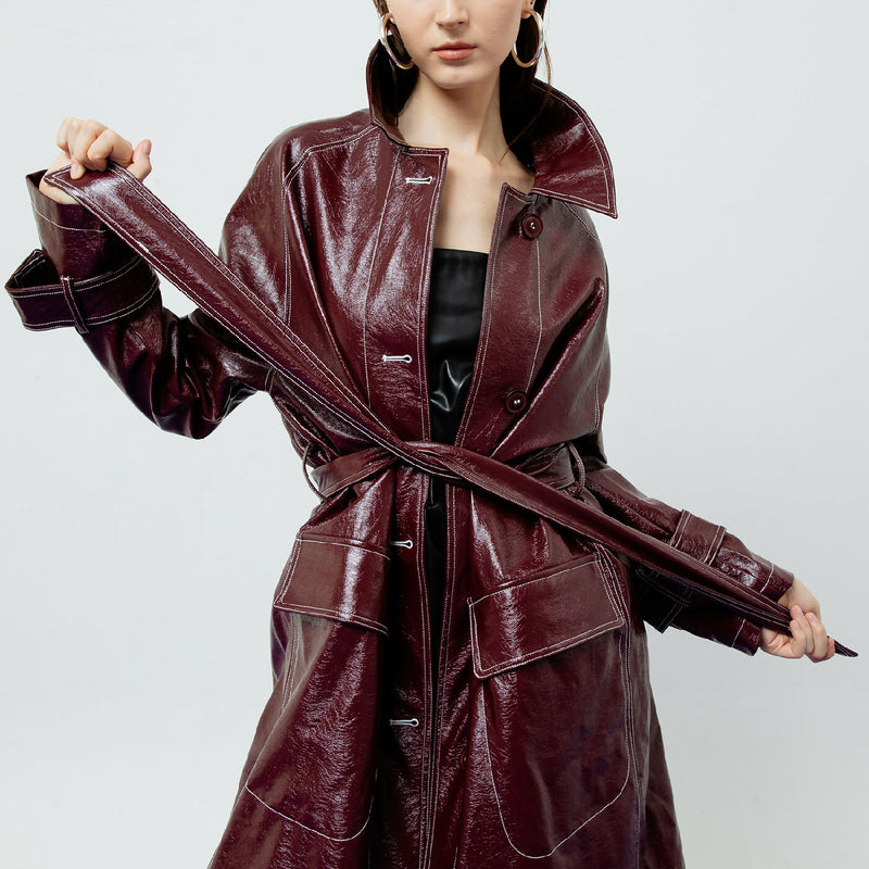 BRIA LEATHER MAROON TRENCH COAT 5