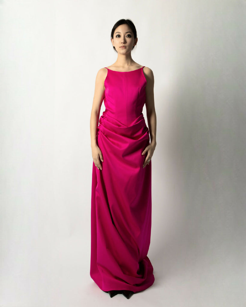 MAGENTA DRAPED COWL NECK DRESS