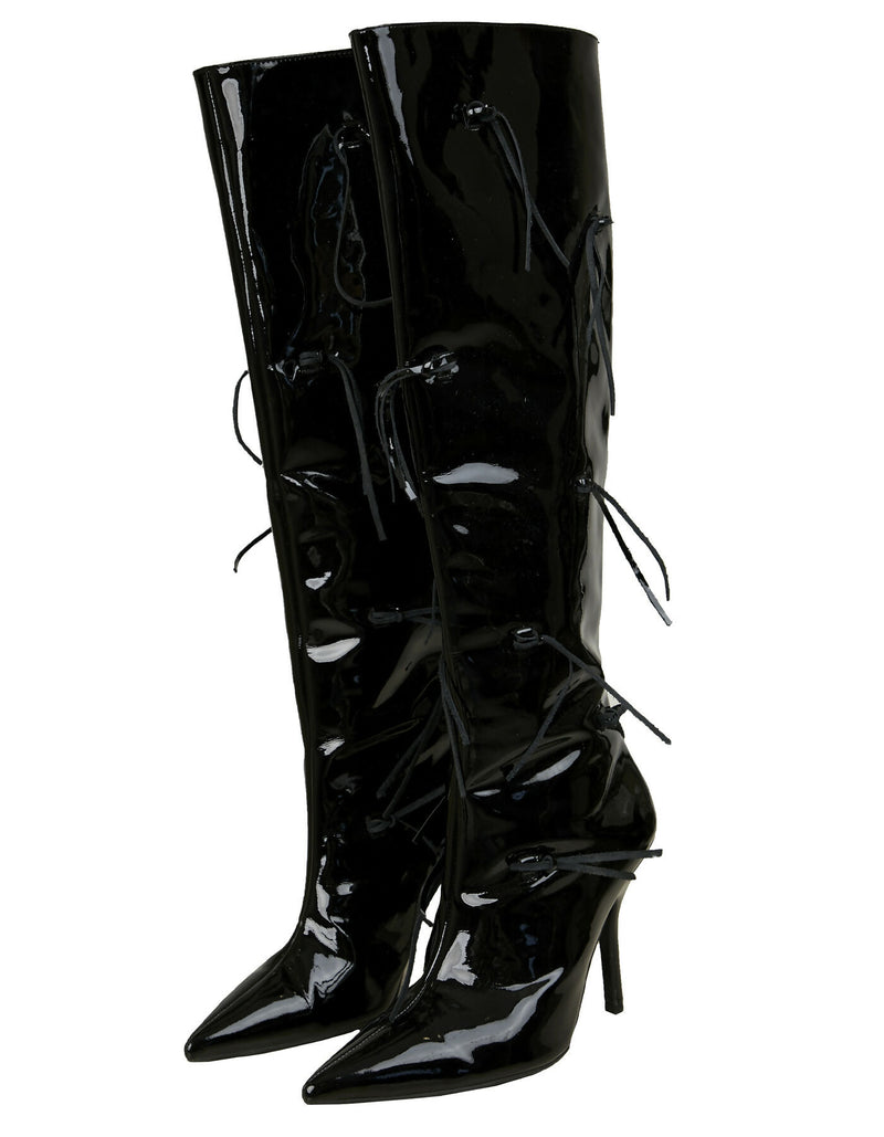 Black lacquer knee-high boots