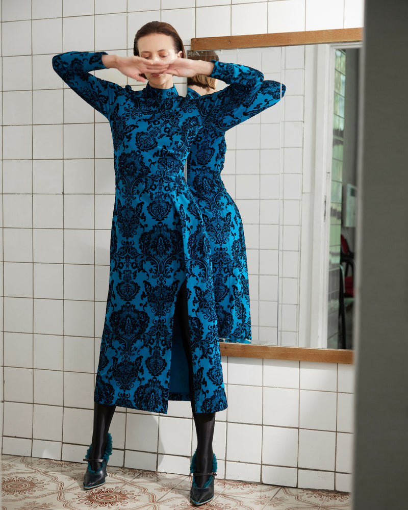 Elegant Long-Sleeve Dress With Velvet Pattern Blue