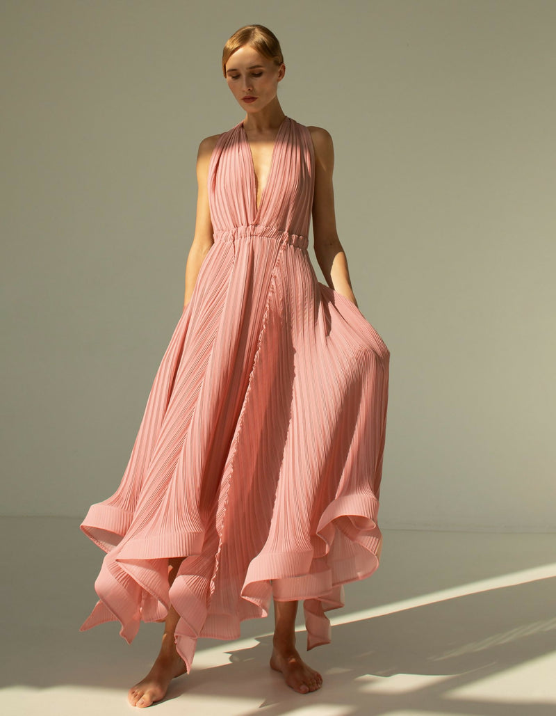 Open back asymmetric plisse-chiffon dress