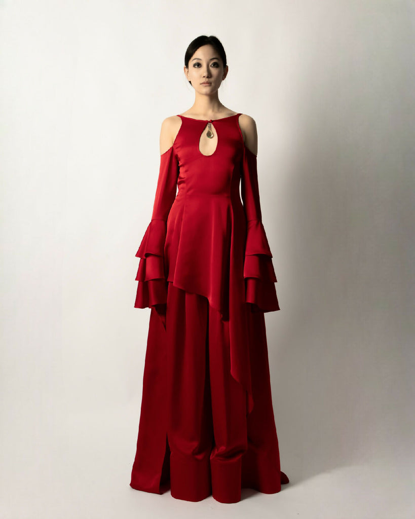 SCARLET ASYMMETRICAL MAXI DRESS