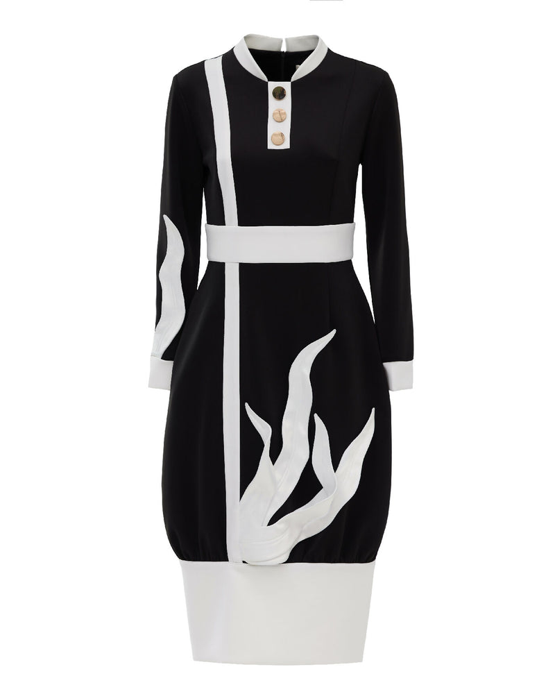 Designer Black Midi Dress With Satin Details And Barrel-Style Skirt