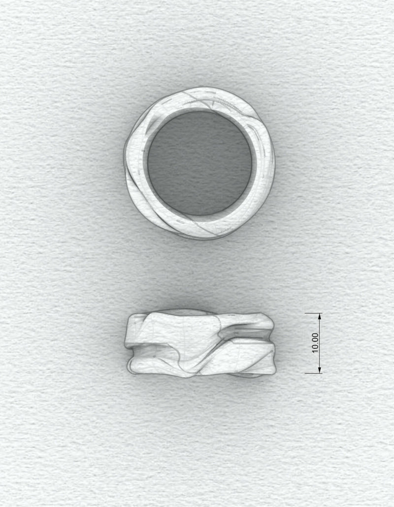 Two-piece silver ring with polished surface, drawing of the top and front view with dimensions in mm