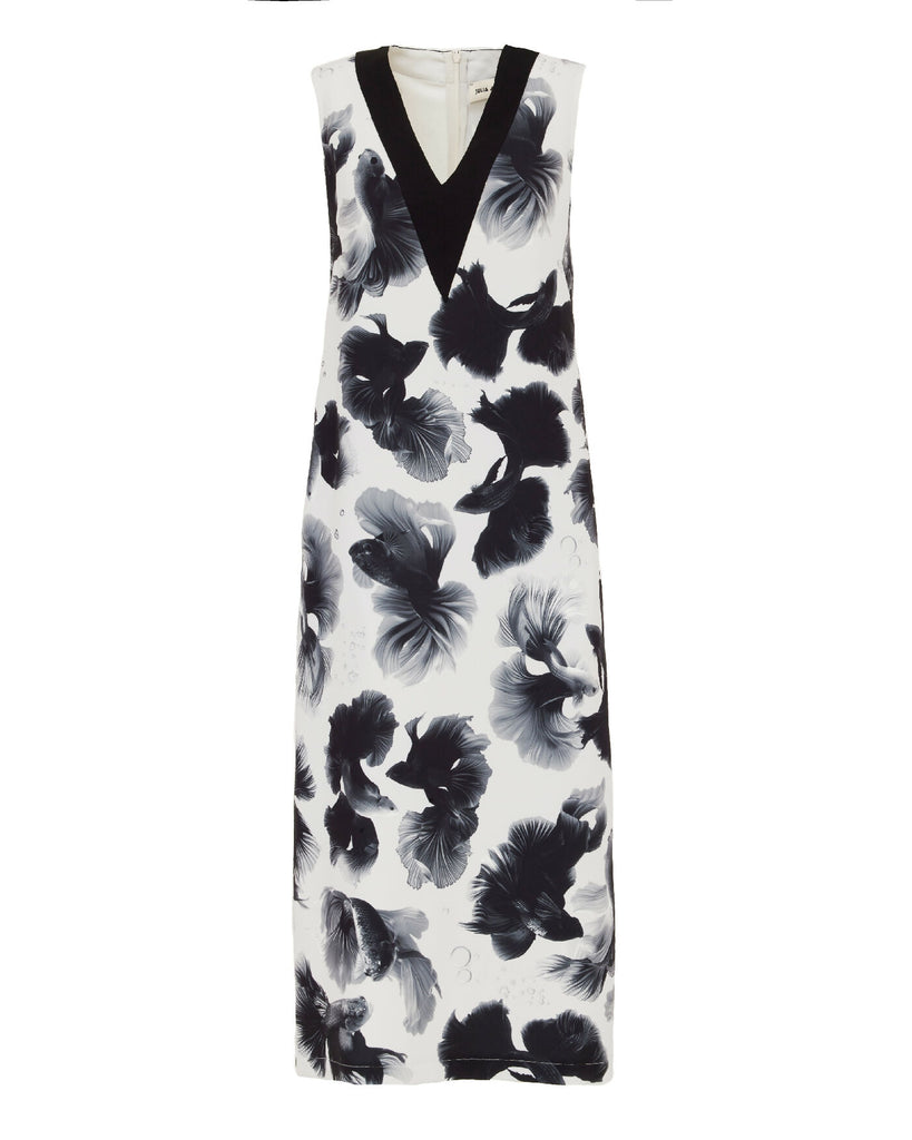 Exclusive Fish Print Sleeveless Crepe Dress White