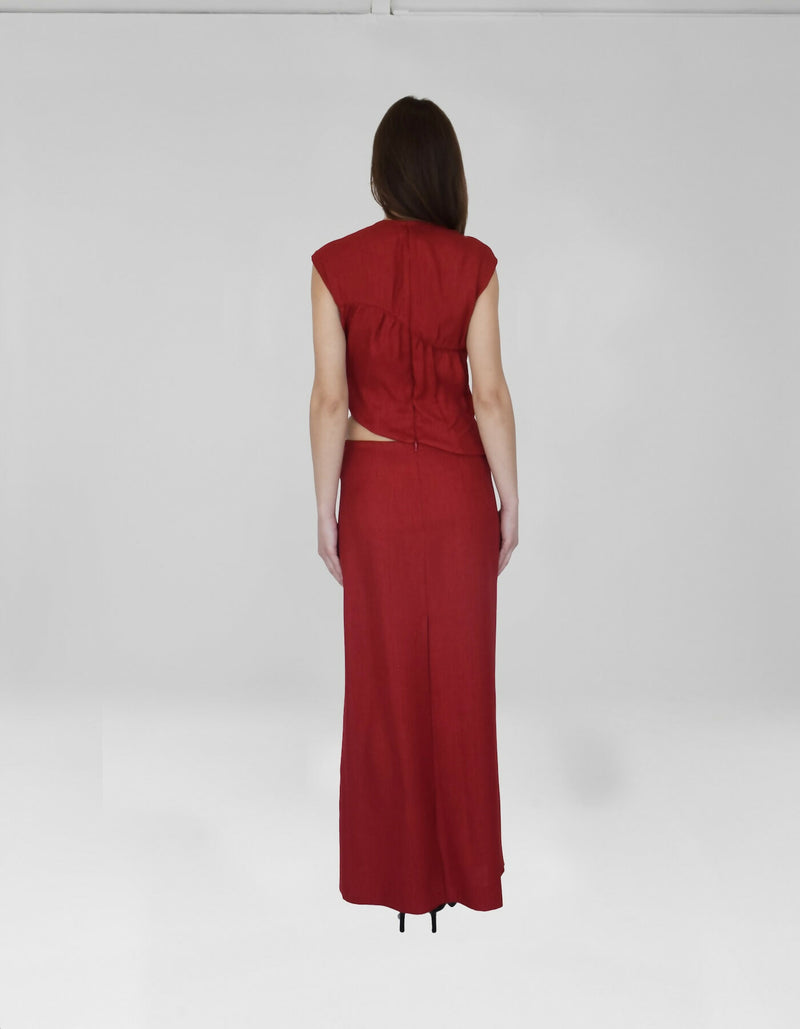 Retina Red Linen Two Piece Skirt Set