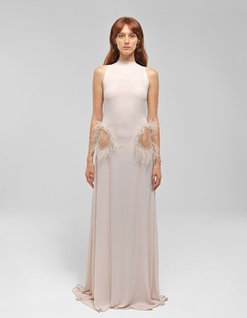 Viola Pink Chiffon Dress With Feathers