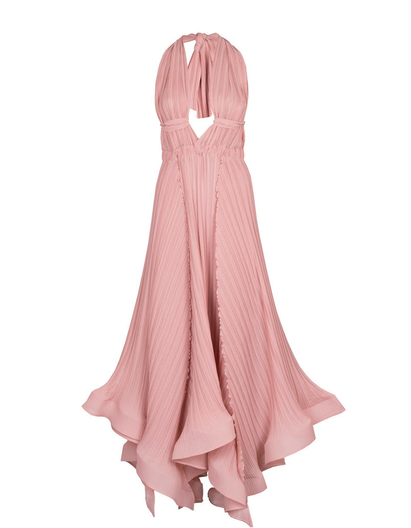 Open back asymmetric plisse-chiffon dress