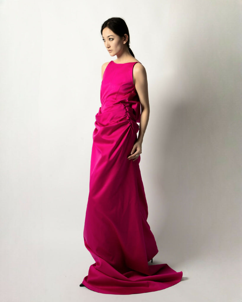 MAGENTA DRAPED COWL NECK DRESS