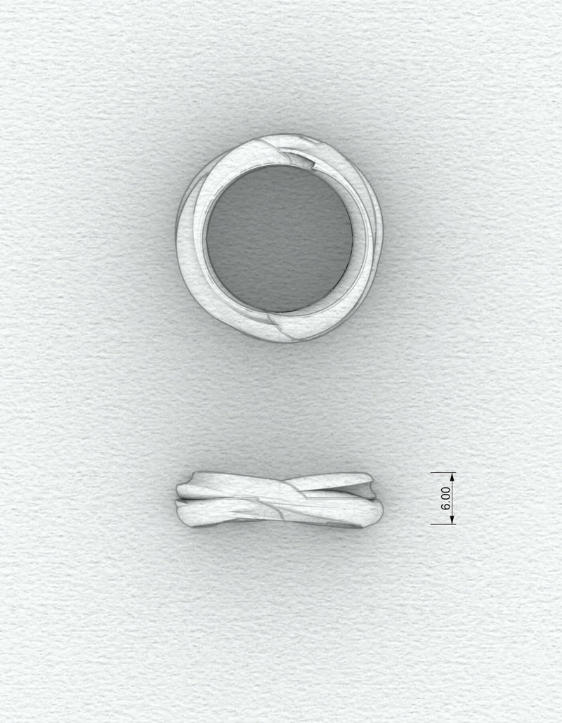 Two-piece gold ring with polished or silky surface, drawing in top and front view with dimensions in mm