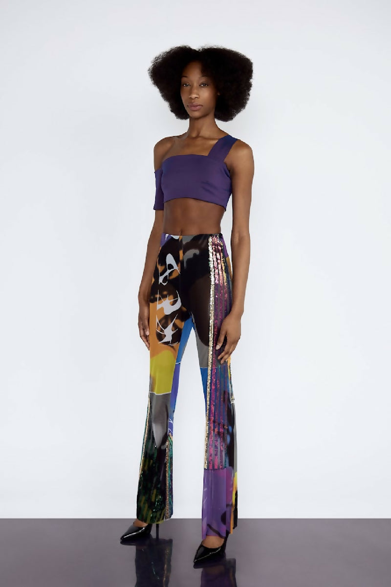 Multicolour Embroidered Mesh Flare Trousers