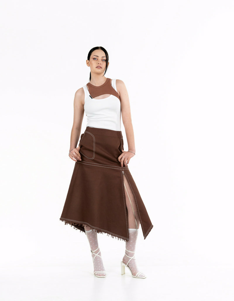 Asymmetric brown denim skirt