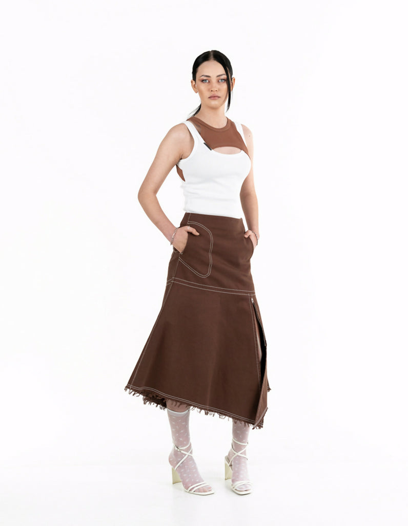 Asymmetric brown denim skirt