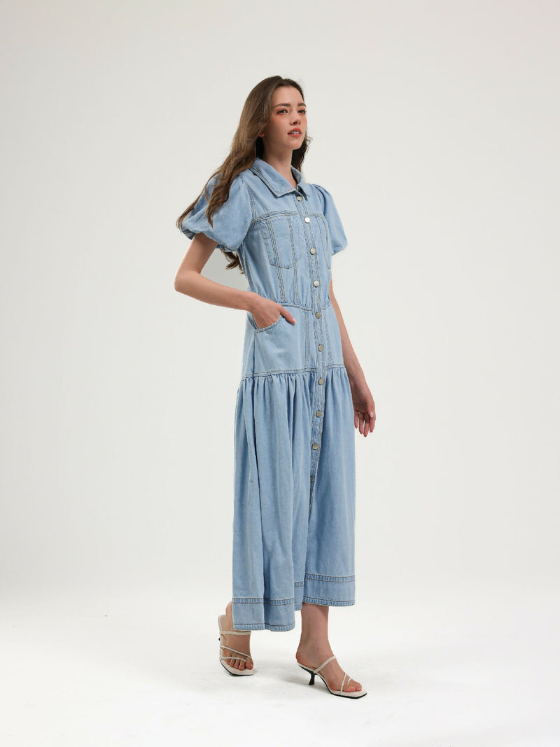 Puff Sleeve Denim Midi Dress