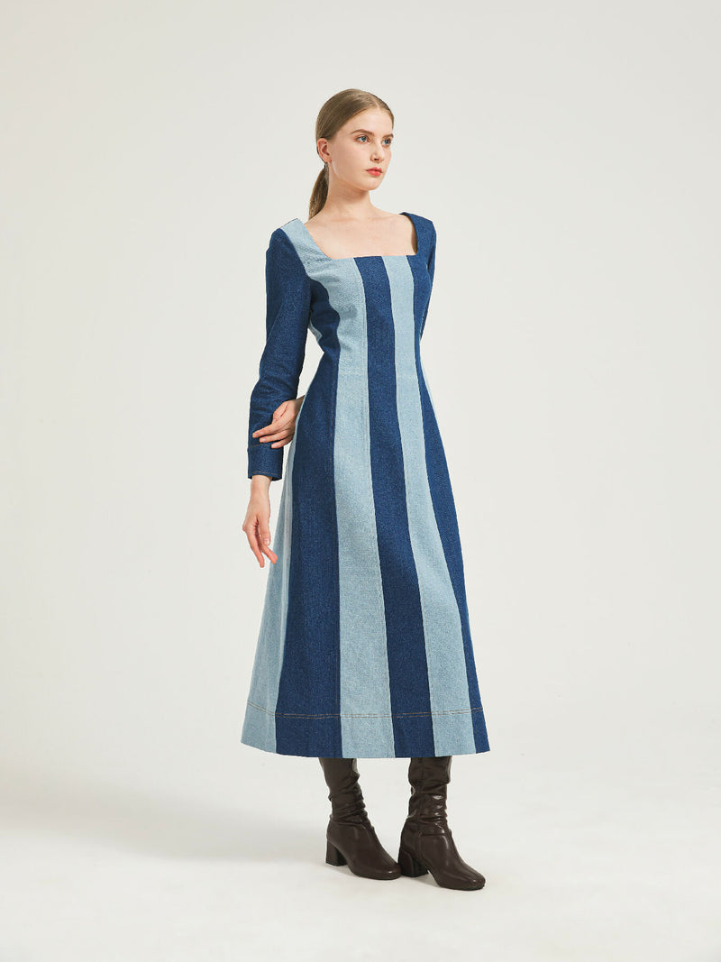 Two-Tone Denim Midi Dress