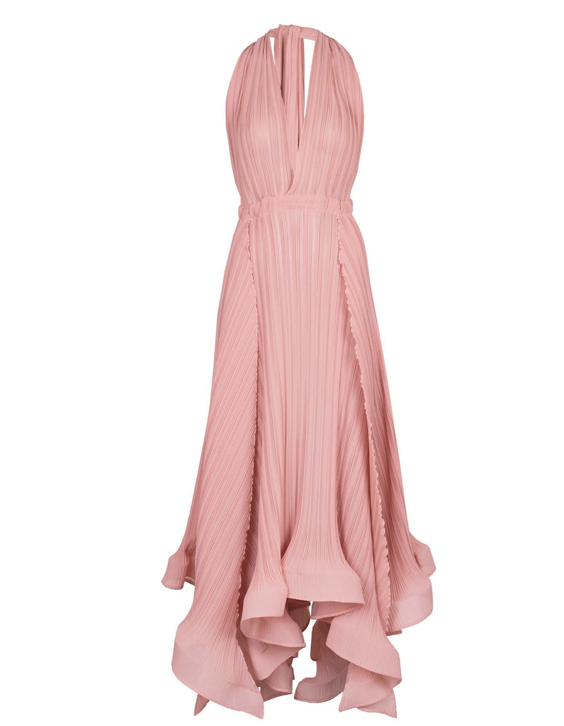 Open back asymmetric plisse-chiffon dress