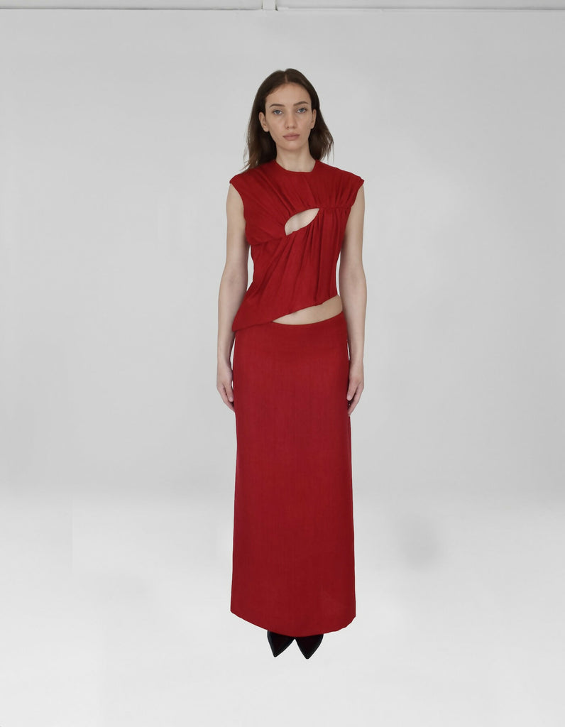 Retina Red Linen Two Piece Skirt Set