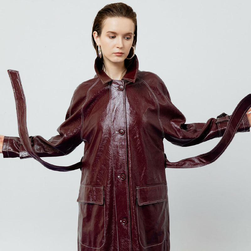 BRIA LEATHER MAROON TRENCH COAT 8