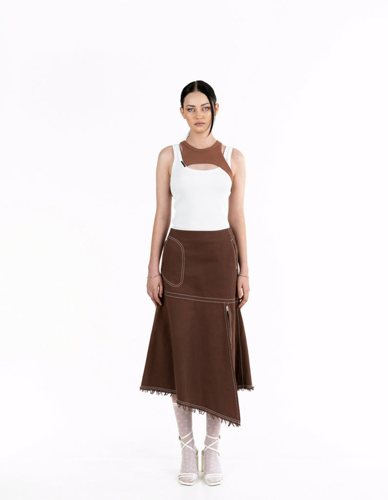 Asymmetric brown denim skirt