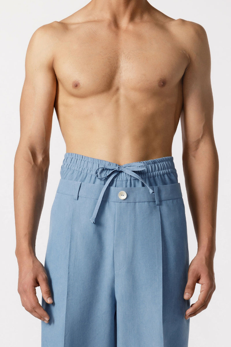 Double waist baggy pants-blue