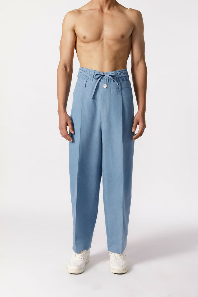 Double waist baggy pants-blue