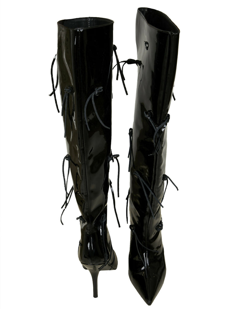 Black lacquer knee-high boots