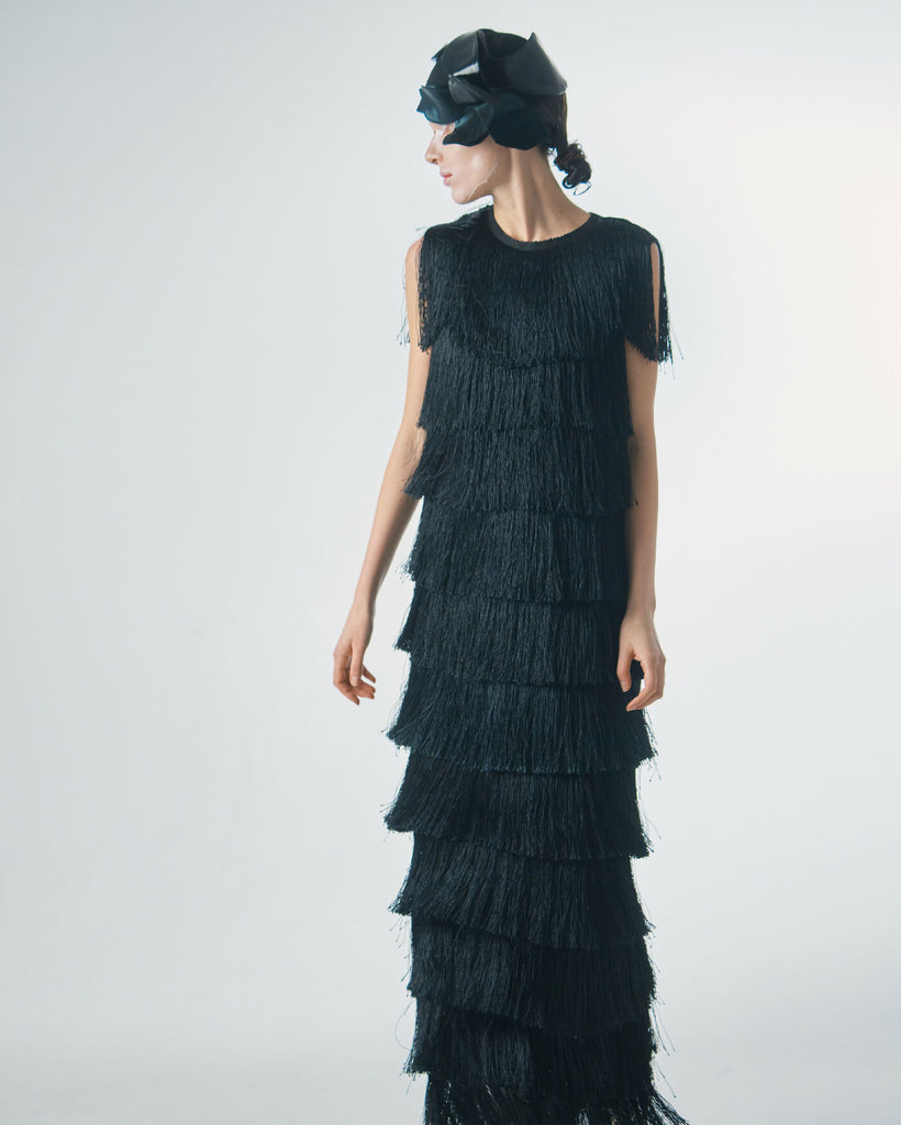 Maxi Fringed Evening Dress Black