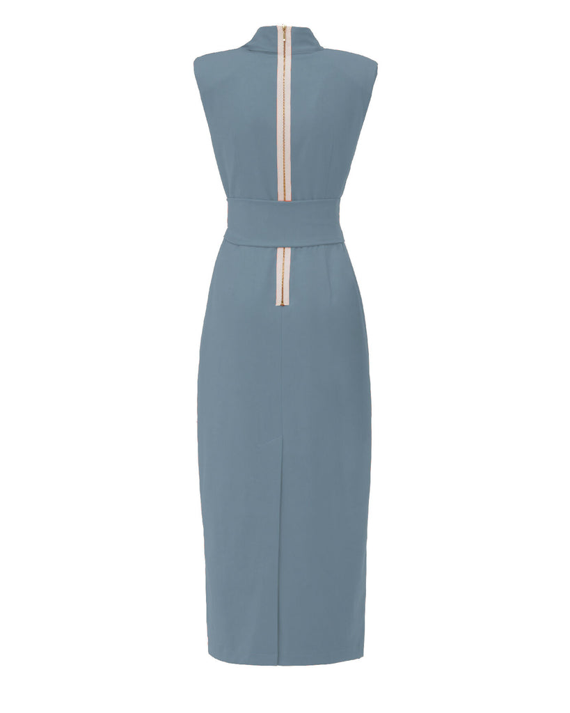 Designer Long Dress With Mock Neck Solid Light Blue