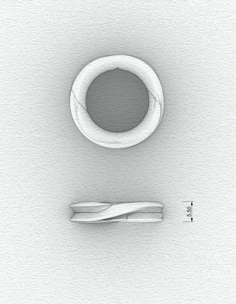 Two-piece gold ring with polished surface, drawing in top and front view with dimensions in mm