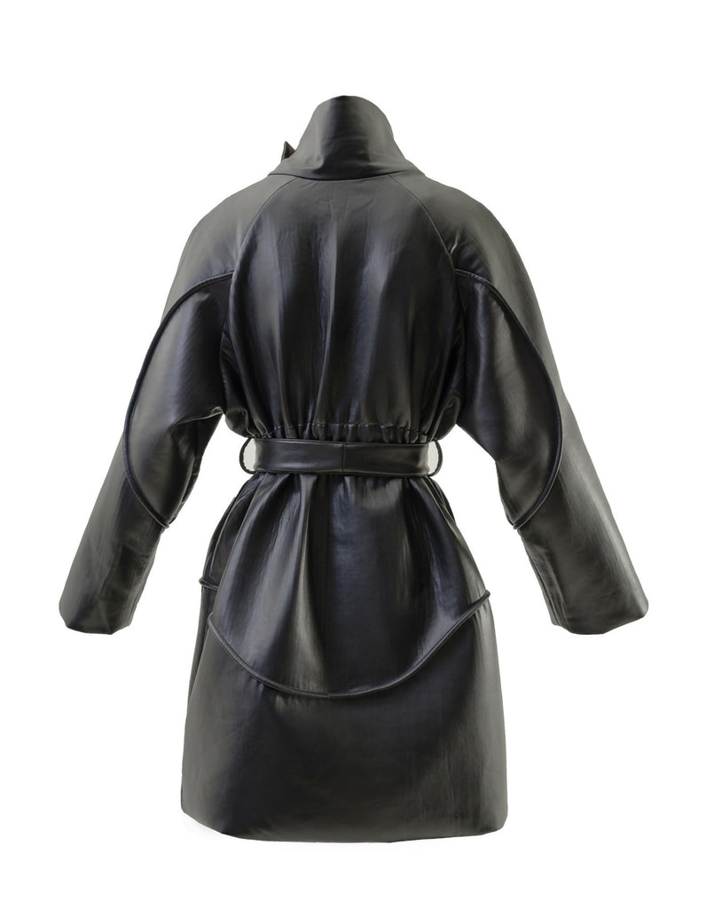 High-neck faux leather trench coat