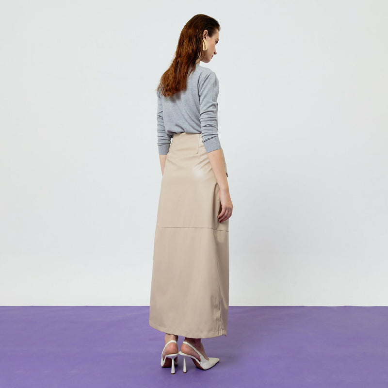 BEATRIX CREME FAUX LEATHER MIDI SKIRT 6