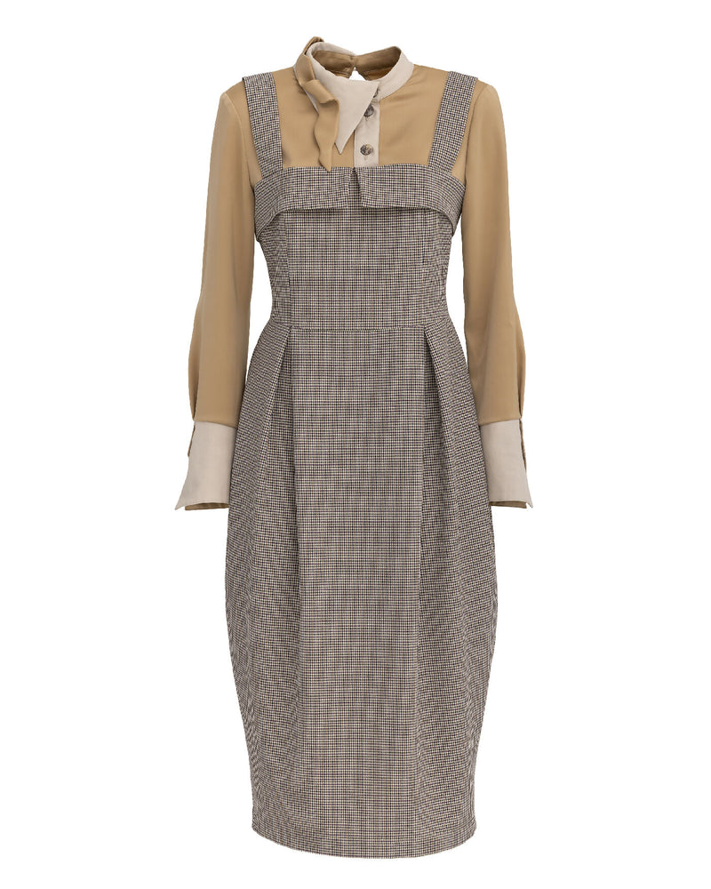 Pinafore Dress With Wide Straps And Blouse Insert Beige