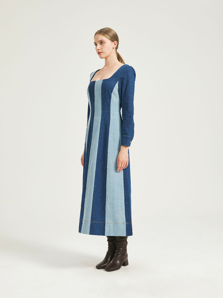 Two-Tone Denim Midi Dress