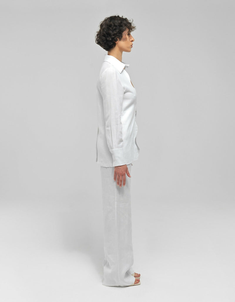 Katniss White Linen Wavy Collared Shirt