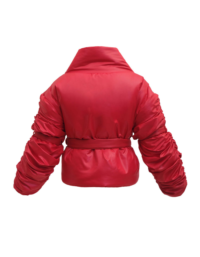 Red ruched sleeve puffer jacket