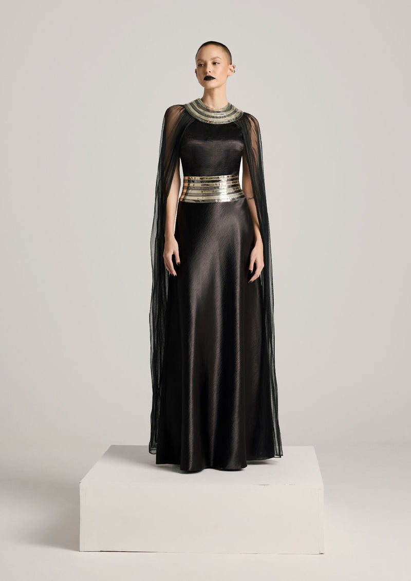 Fall-Panelled Textured Satin Dress